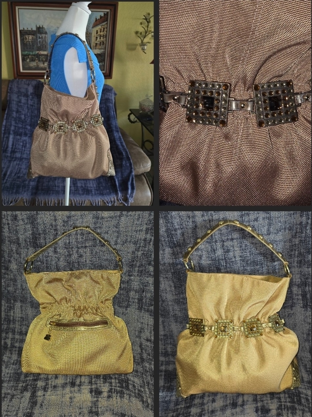 KVZ Bronze Hobo Bag With Rhinestone Belted Accent